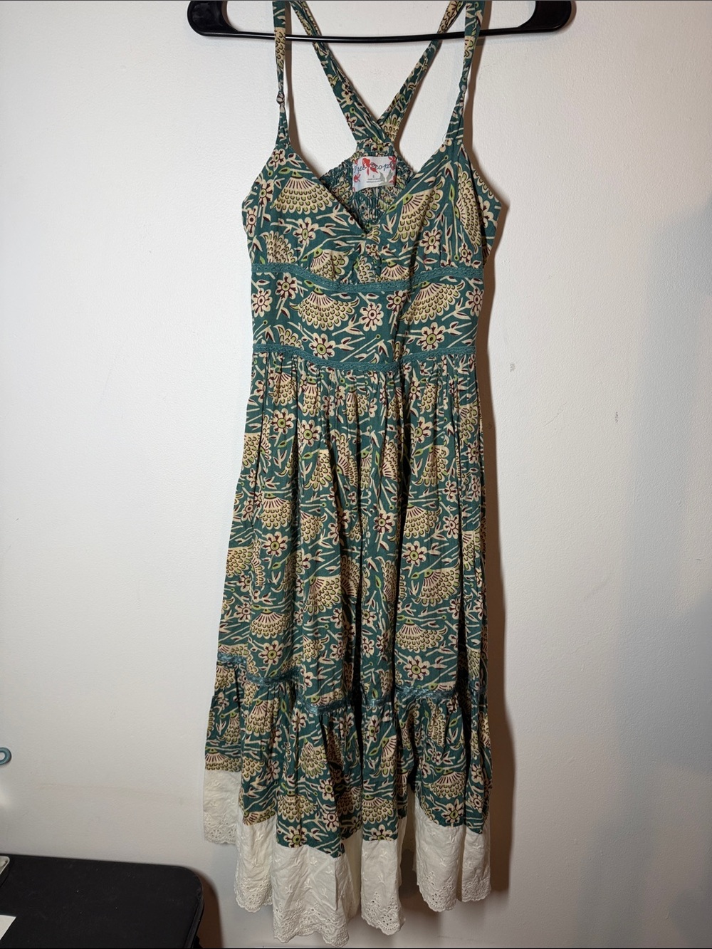 Free People Green Floral Tiered Midi Dress with Cream Lace Hem